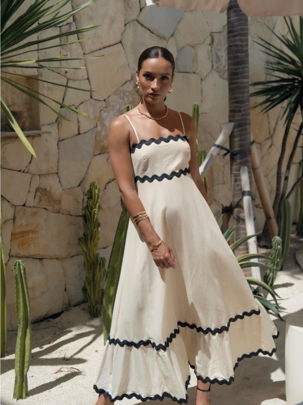 Zesica Cream Maxi Dress with Black Trim